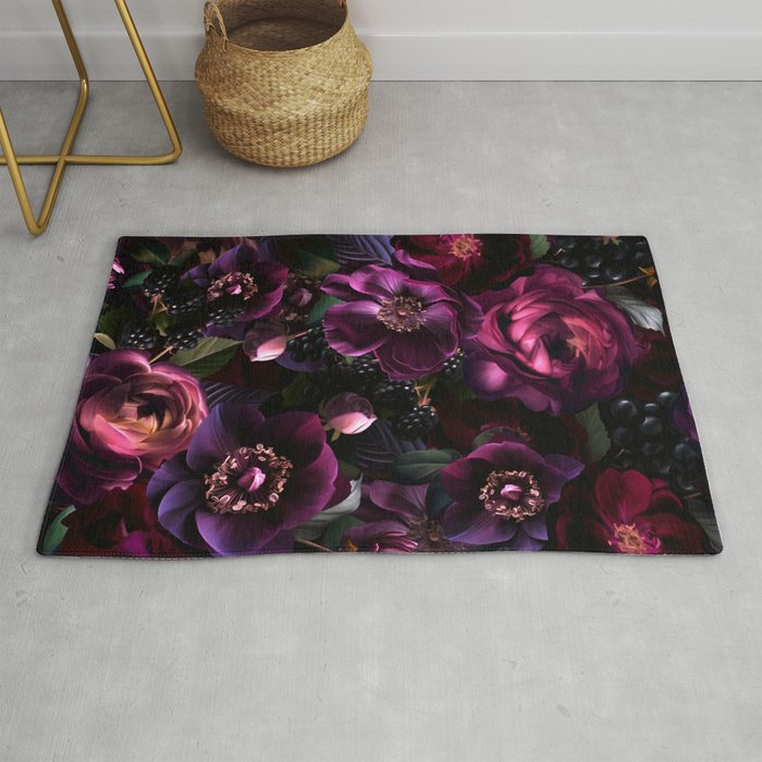 Vintage Spring Night Romanticism: Maximalism Purple Bold Moody Florals - Antiqued burgundy Roses and Peonies Nostalgic Gothic  - Antique Botany Wallpaper and Victorian Goth Mystic inspired Rug Gallery Image 1