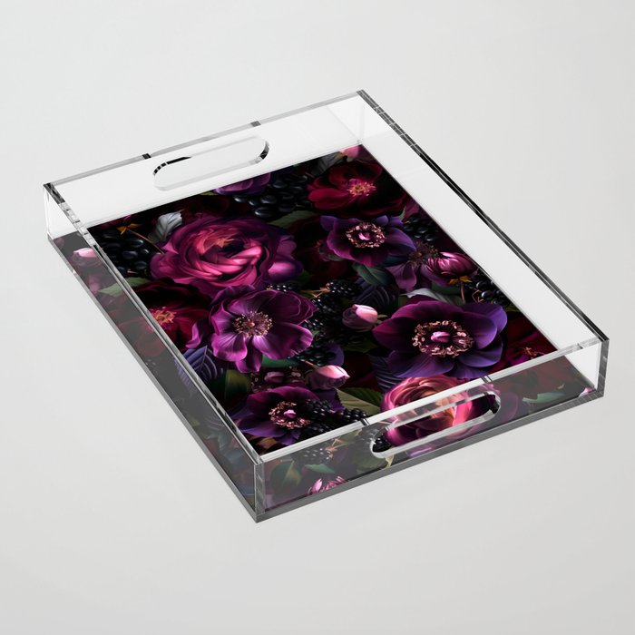 Vintage Spring Night Romanticism: Maximalism Purple Bold Moody Florals - Antiqued burgundy Roses and Peonies Nostalgic Gothic  - Antique Botany Wallpaper and Victorian Goth Mystic inspired Acrylic Tray Gallery Image 1