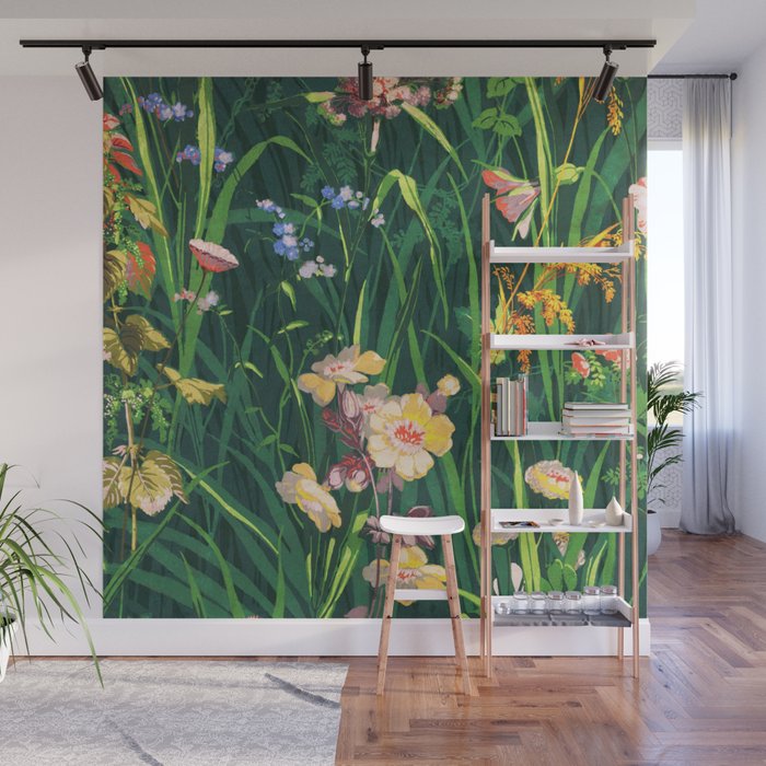 Riot of colorful flowers landscape floral painting, grass with lavender, yellow and pink wildflowers Wall Mural Gallery Image 1