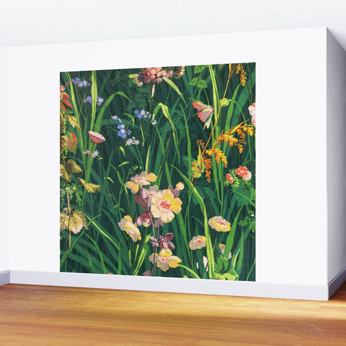 Riot of colorful flowers landscape floral painting, grass with lavender, yellow and pink wildflowers Wall Mural Gallery Image 2