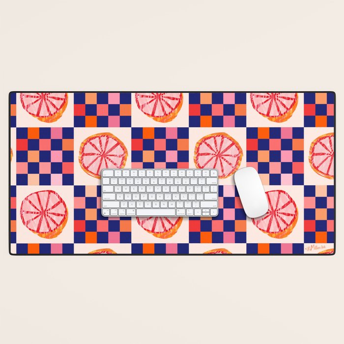 Checkered Sliced Citrus Fruit in Navy & Peachy Pink Desk Mat Gallery Image 1