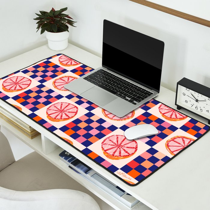 Checkered Sliced Citrus Fruit in Navy & Peachy Pink Desk Mat Gallery Image 2