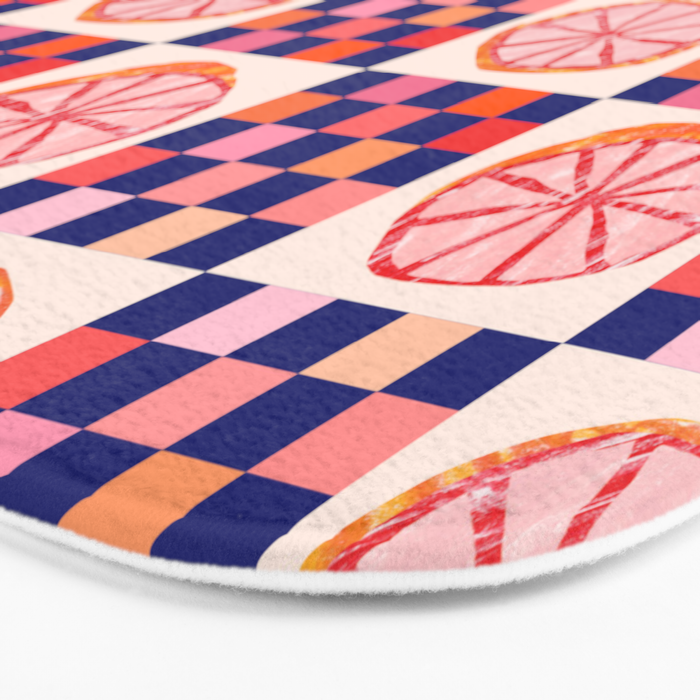 Checkered Sliced Citrus Fruit in Navy & Peachy Pink Bath Mat Gallery Image 3