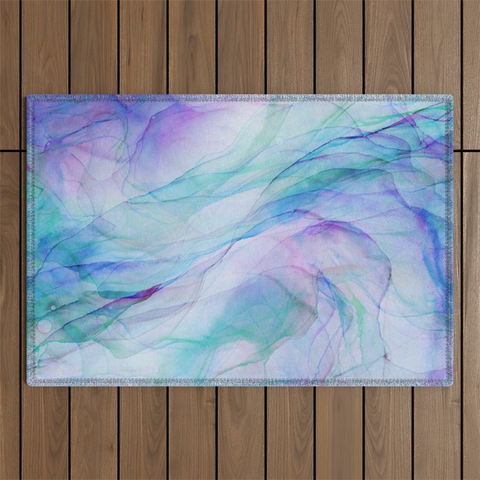 Pastel Violet Turquoise Abstract Ink Painting Outdoor Rug Gallery Image 1