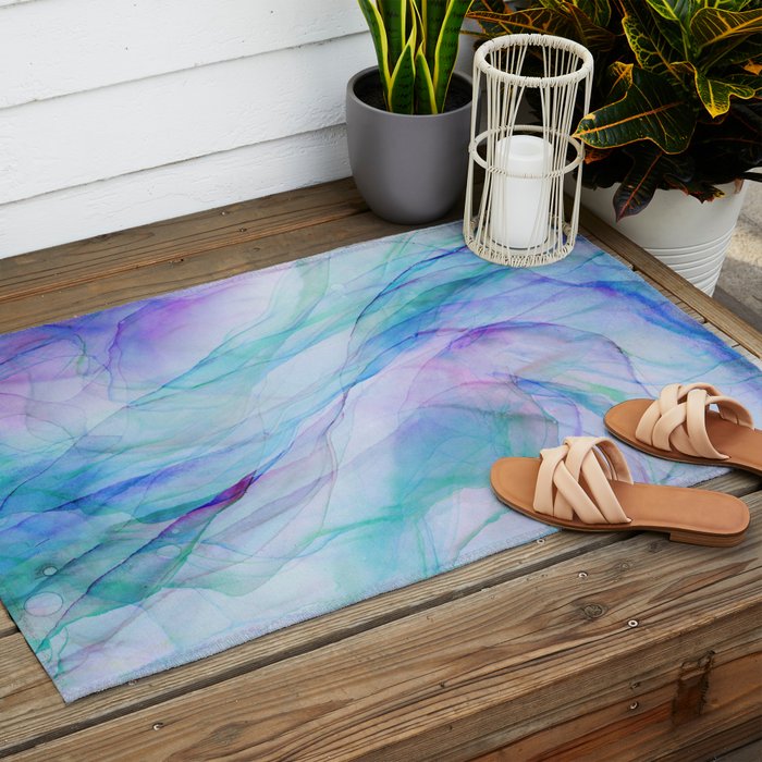Pastel Violet Turquoise Abstract Ink Painting Outdoor Rug Gallery Image 2