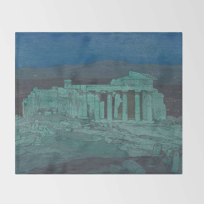 Hiroshi Yoshida, Acropolis Ruins, Athens At Night - Vintage Japanese Woodblock Print Art Throw Blanket Gallery Image 2