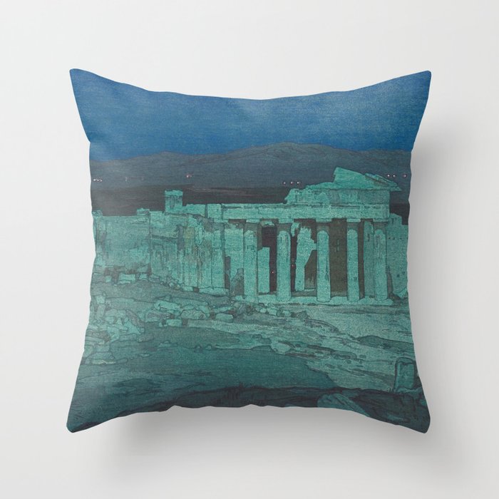 Hiroshi Yoshida, Acropolis Ruins, Athens At Night - Vintage Japanese Woodblock Print Art Throw Pillow Gallery Image 6