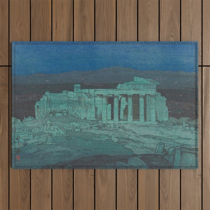 Hiroshi Yoshida, Acropolis Ruins, Athens At Night - Vintage Japanese Woodblock Print Art Outdoor Rug Gallery Image 1