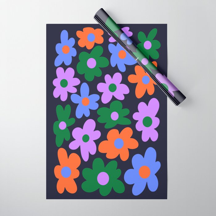 Retro Flowers: Midnight Black Edition Wrapping Paper Gallery Image 1