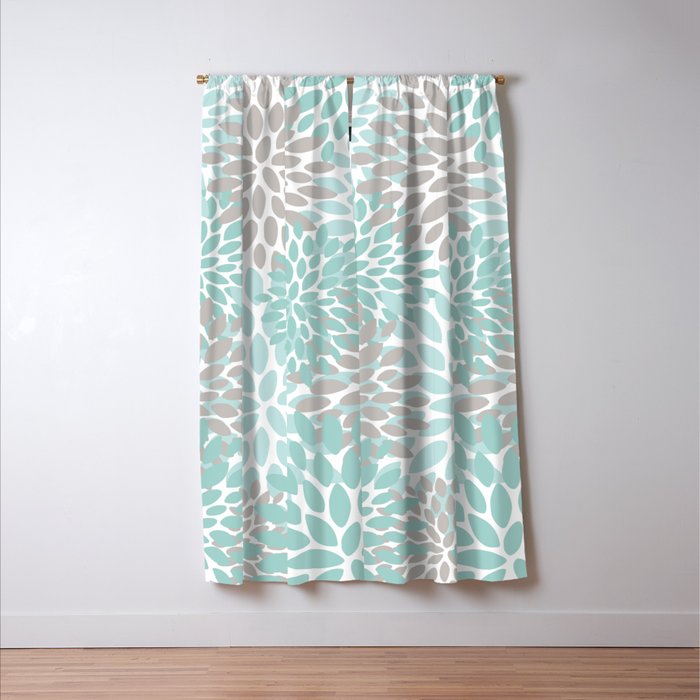 Floral Pattern, Teal, Aqua, Turquoise,Gray Window Curtain Gallery Image 3