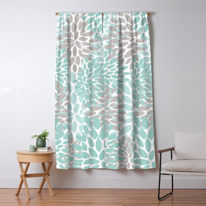 Floral Pattern, Teal, Aqua, Turquoise,Gray Window Curtain Gallery Image 5