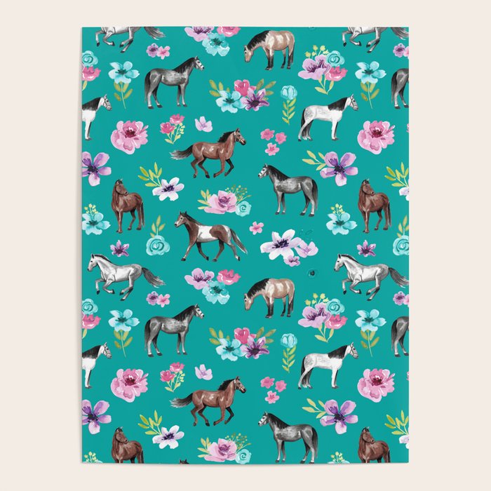 Horses and Flowers, Turquoise, Horse Decor, Horse Art, Western Decor Poster Gallery Image 1