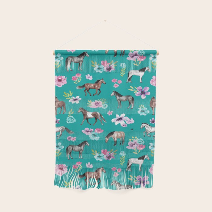 Horses and Flowers, Turquoise, Horse Decor, Horse Art, Western Decor Wall Hanging Gallery Image 1