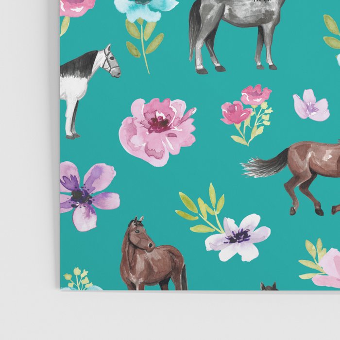 Horses and Flowers, Turquoise, Horse Decor, Horse Art, Western Decor Poster Gallery Image 3
