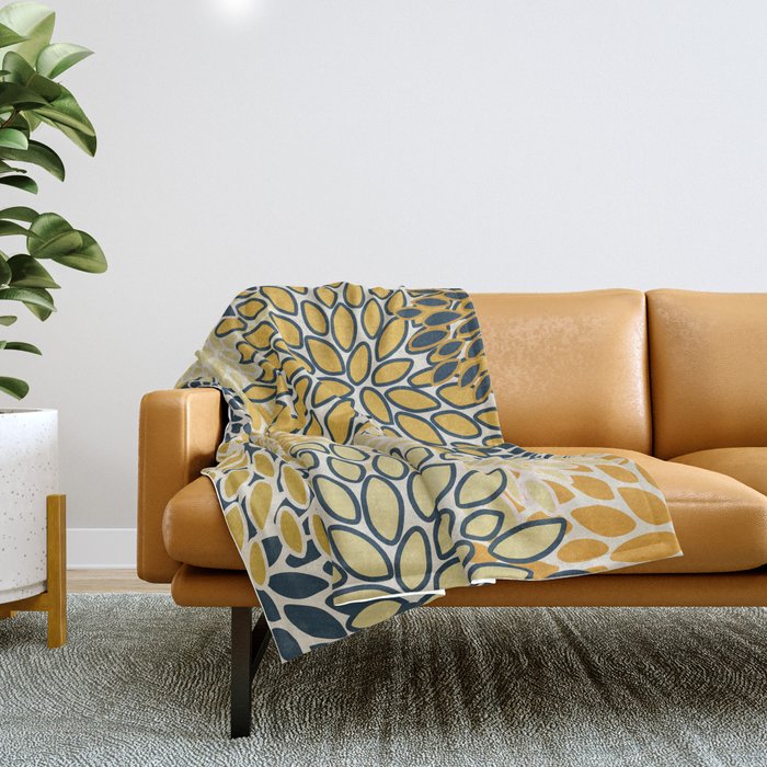 Floral Prints, Abstract Art, Navy Blue and Mustard Yellow, Throw Blanket Gallery Image 1