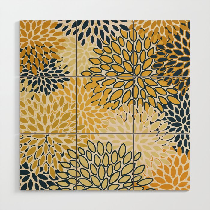 Floral Prints, Abstract Art, Navy Blue and Mustard Yellow, Wood Wall Art Gallery Image 1