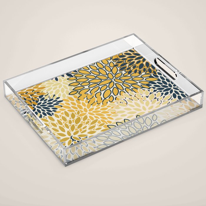Floral Prints, Abstract Art, Navy Blue and Mustard Yellow, Acrylic Tray Gallery Image 1