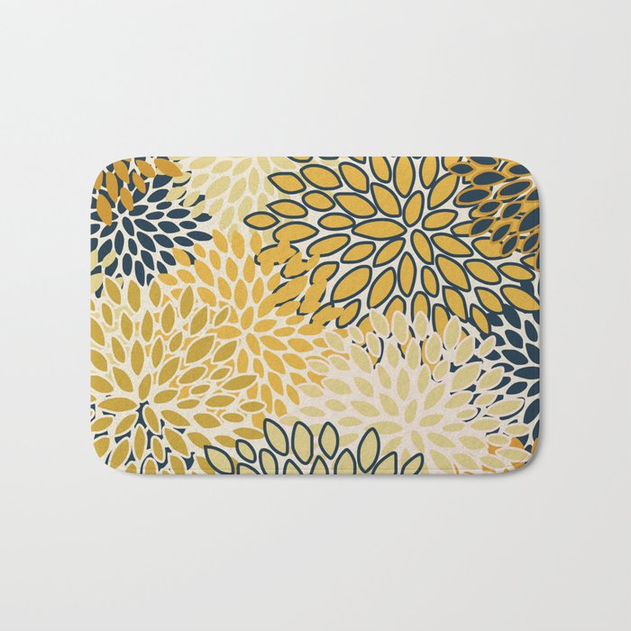Floral Prints, Abstract Art, Navy Blue and Mustard Yellow, Bath Mat Gallery Image 1
