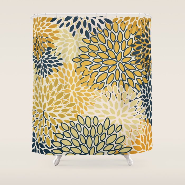Floral Prints, Abstract Art, Navy Blue and Mustard Yellow, Shower Curtain Gallery Image 1