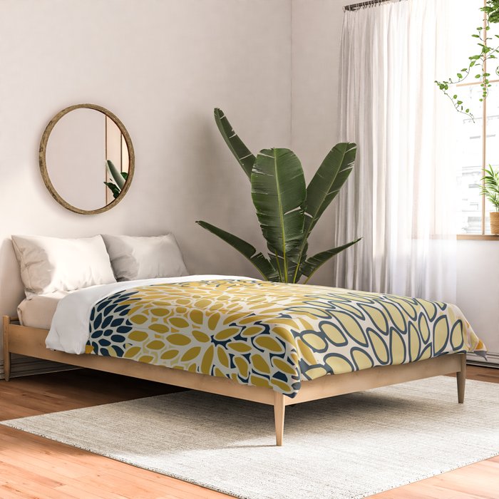 Floral Prints, Abstract Art, Navy Blue and Mustard Yellow, Comforter Gallery Image 2