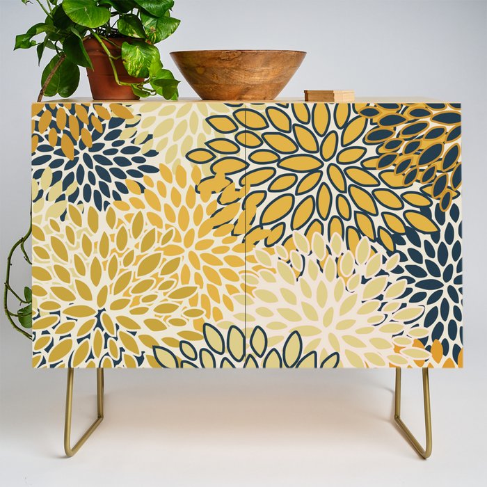 Floral Prints, Abstract Art, Navy Blue and Mustard Yellow, Credenza Gallery Image 1