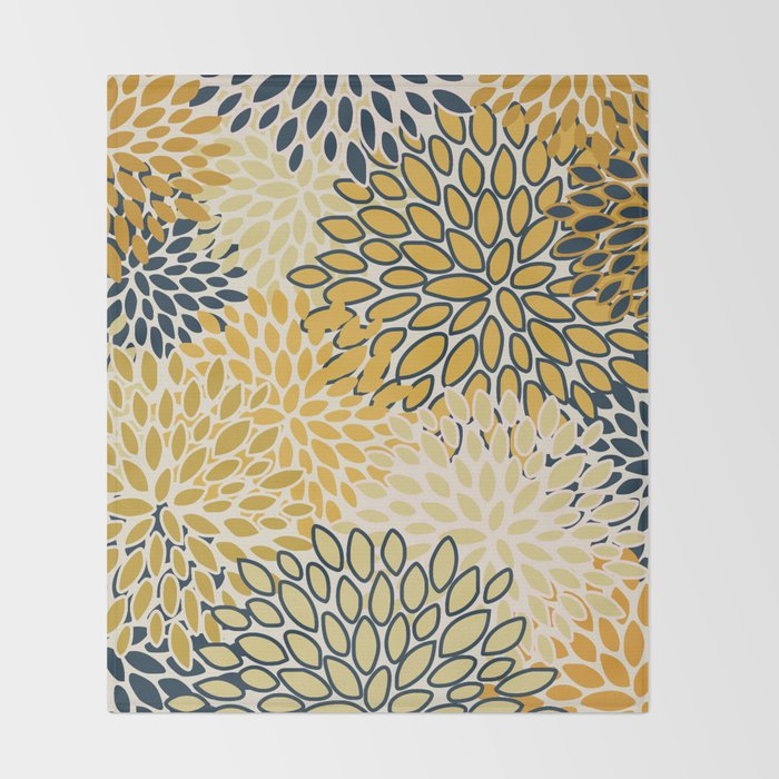 Floral Prints, Abstract Art, Navy Blue and Mustard Yellow, Throw Blanket Gallery Image 2