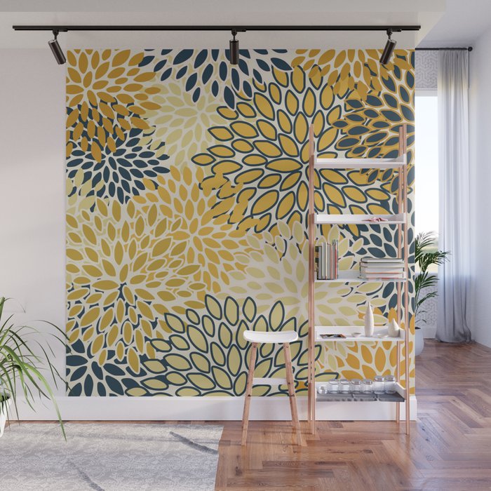 Floral Prints, Abstract Art, Navy Blue and Mustard Yellow, Wall Mural Gallery Image 1