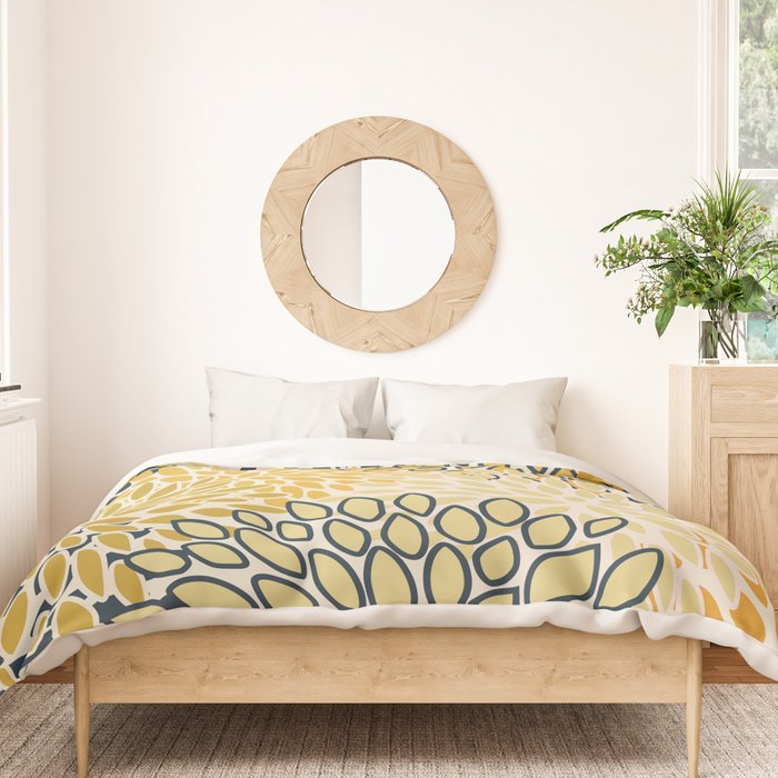 Floral Prints, Abstract Art, Navy Blue and Mustard Yellow, Duvet Cover Gallery Image 3