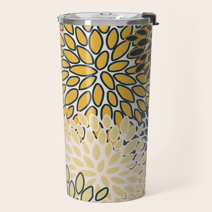Floral Prints, Abstract Art, Navy Blue and Mustard Yellow, Travel Mug Gallery Image 2