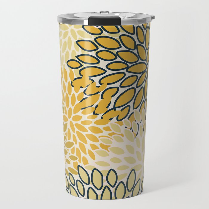 Floral Prints, Abstract Art, Navy Blue and Mustard Yellow, Travel Mug Gallery Image 1