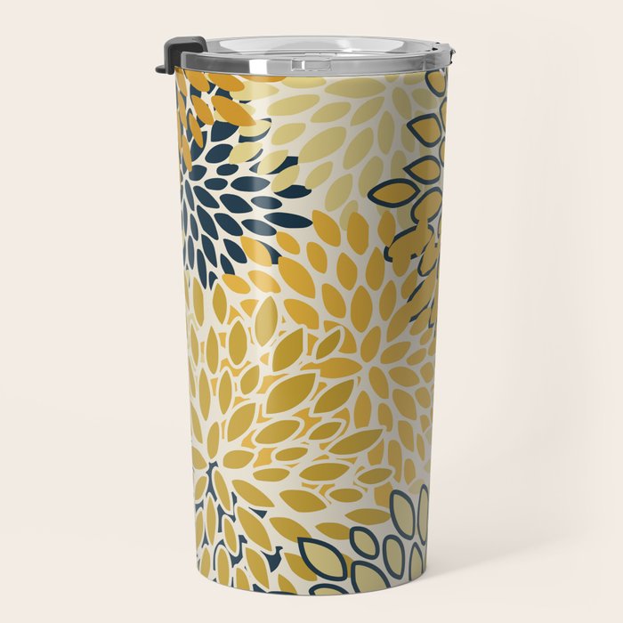 Floral Prints, Abstract Art, Navy Blue and Mustard Yellow, Travel Mug Gallery Image 3