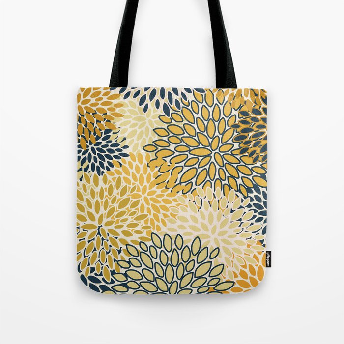 Floral Prints, Abstract Art, Navy Blue and Mustard Yellow, Tote Bag Gallery Image 1
