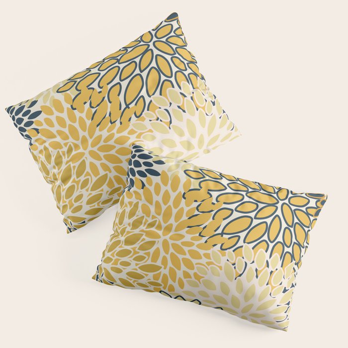 Floral Prints, Abstract Art, Navy Blue and Mustard Yellow, Pillow Sham Gallery Image 3