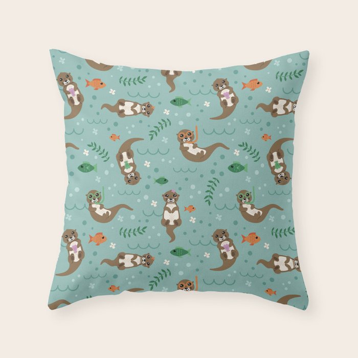Kawaii Otters Playing Underwater Throw Pillow Gallery Image 1