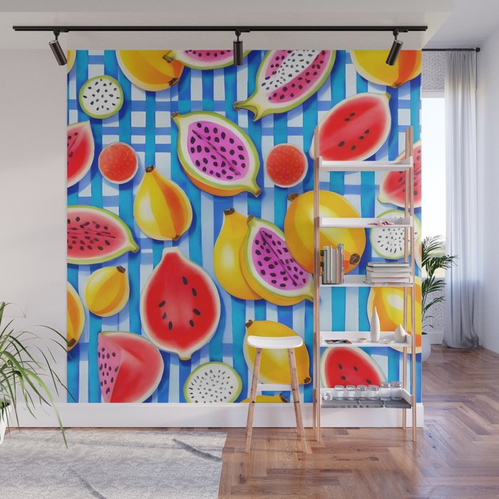 Tropical Fruit Pop, Colorful Eclectic Mango Dragon Fruits, Watermelon Eclectic Juicy Food Picnic  Wall Mural Gallery Image 1