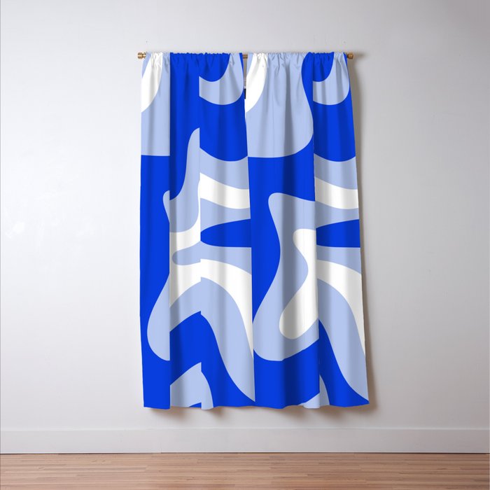 Retro Liquid Swirl Abstract Pattern Square in Royal Blue, Light Blue, and White Window Curtain Gallery Image 3