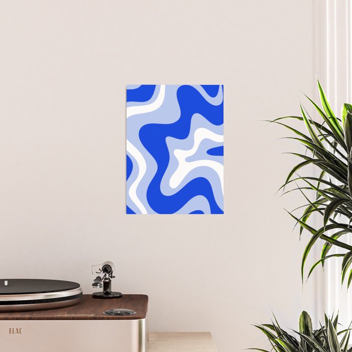 Retro Liquid Swirl Abstract Pattern Square in Royal Blue, Light Blue, and White Poster Gallery Image 2