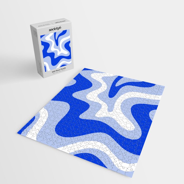 Retro Liquid Swirl Abstract Pattern Square in Royal Blue, Light Blue, and White Jigsaw Puzzle Gallery Image 2