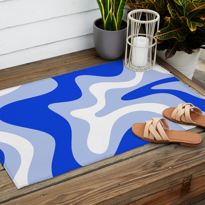 Retro Liquid Swirl Abstract Pattern Square in Royal Blue, Light Blue, and White Outdoor Rug Gallery Image 2
