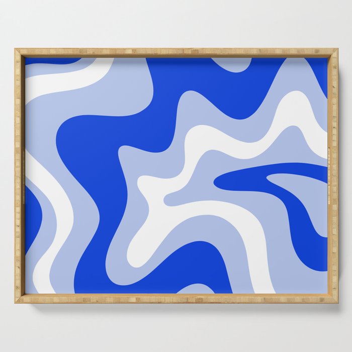 Retro Liquid Swirl Abstract Pattern Square in Royal Blue, Light Blue, and White Serving Tray Gallery Image 1