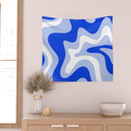Retro Liquid Swirl Abstract Pattern Square in Royal Blue, Light Blue, and White Wall Tapestry Gallery Image 2