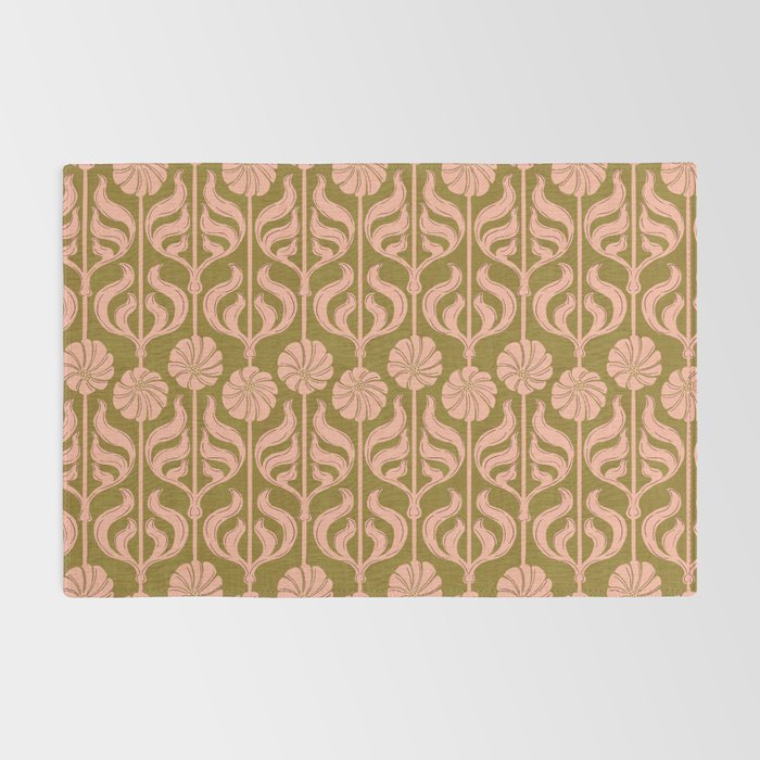 Hand-Drawn Pink And Olive Green Botanical Floral Pattern Rug Gallery Image 2