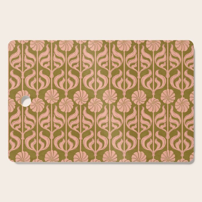 Hand-Drawn Pink And Olive Green Botanical Floral Pattern Cutting Board Gallery Image 1