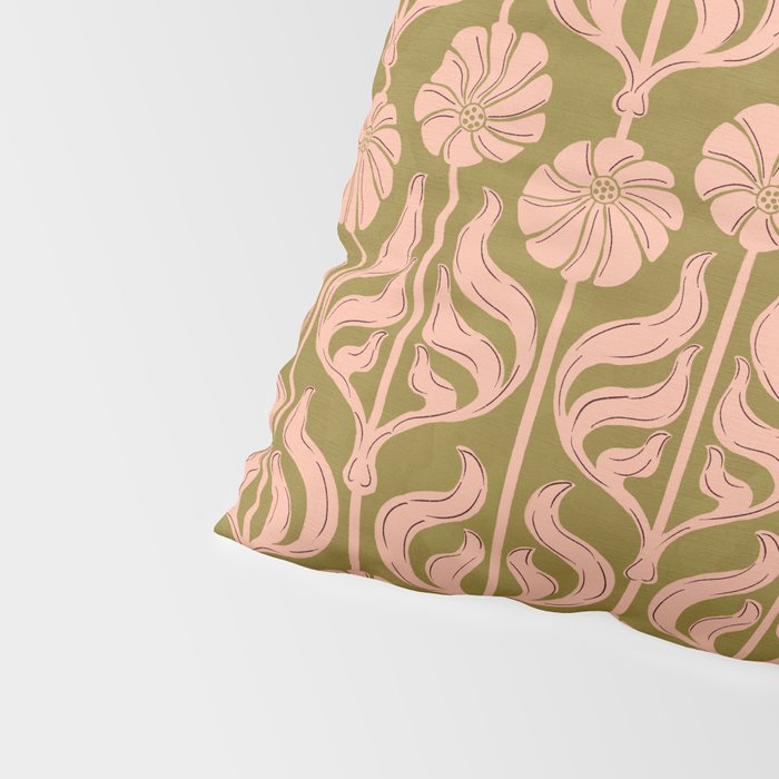 Hand-Drawn Pink And Olive Green Botanical Floral Pattern Pillow Sham Gallery Image 4