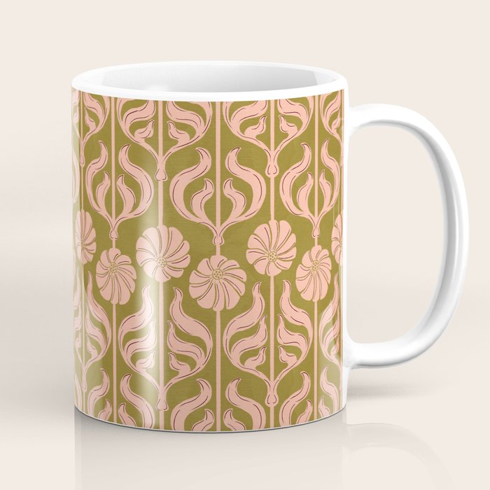 Hand-Drawn Pink And Olive Green Botanical Floral Pattern Coffee Mug Gallery Image 1