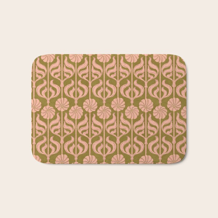Hand-Drawn Pink And Olive Green Botanical Floral Pattern Bath Mat Gallery Image 1