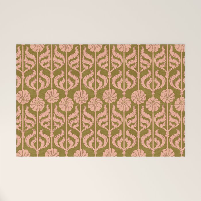 Hand-Drawn Pink And Olive Green Botanical Floral Pattern Welcome Mat Gallery Image 1