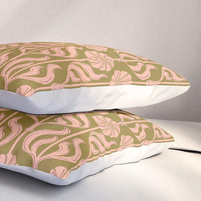 Hand-Drawn Pink And Olive Green Botanical Floral Pattern Pillow Sham Gallery Image 3