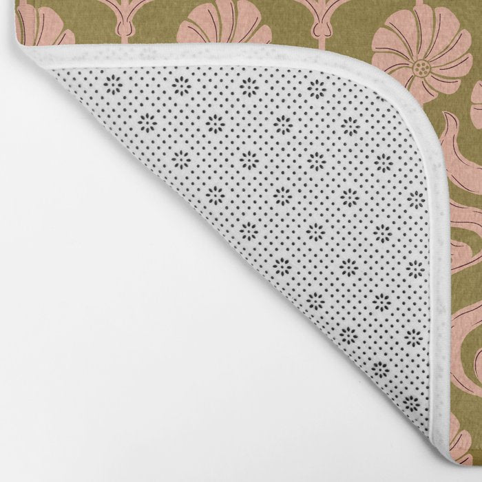 Hand-Drawn Pink And Olive Green Botanical Floral Pattern Bath Mat Gallery Image 2