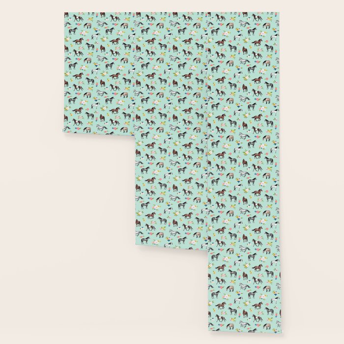 Horses and Small Flowers, Mint Blue, Horse Decor, Floral Print, Horse Art Wallpaper Gallery Image 3